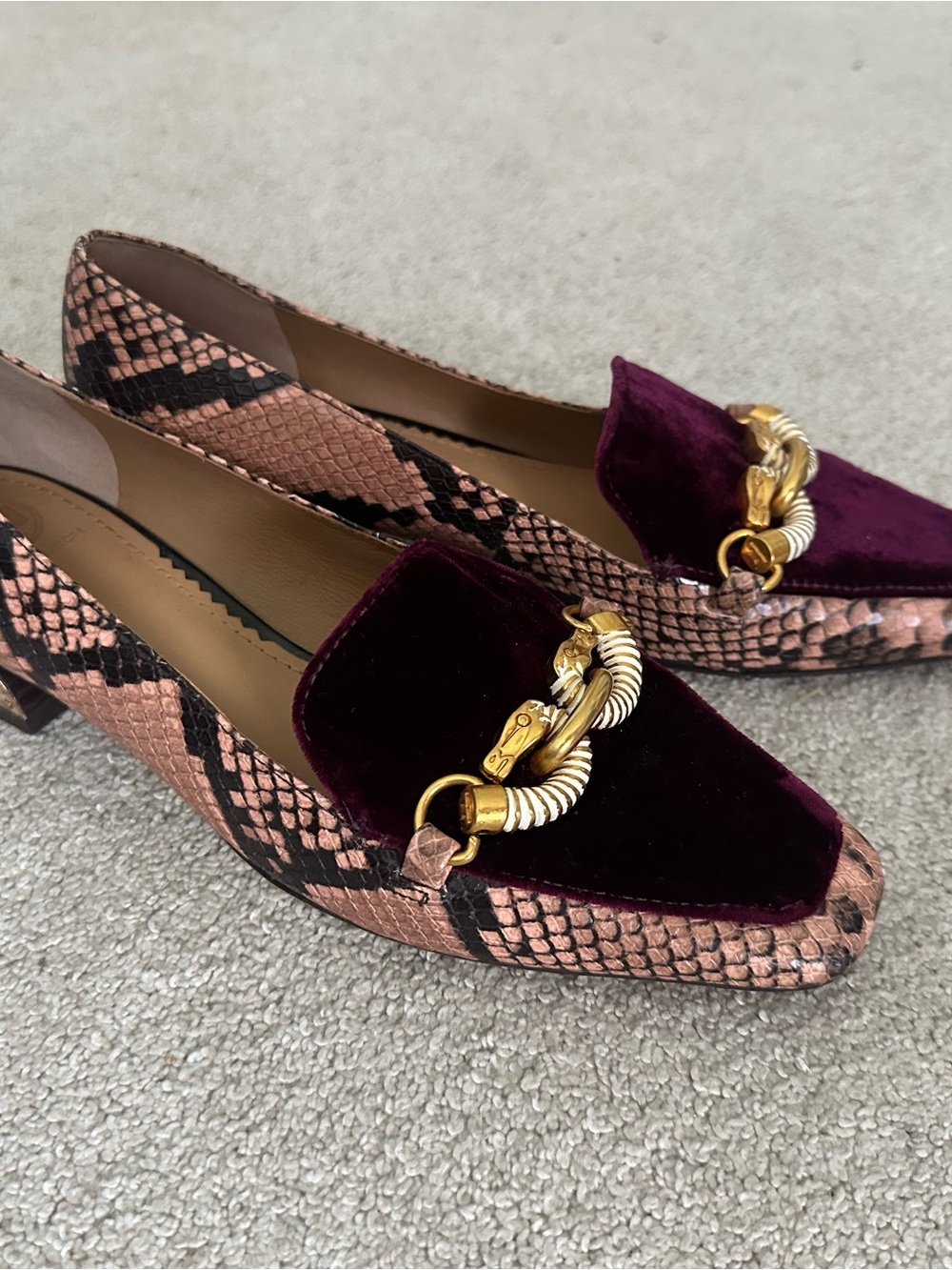 Tory Burch Women's Velvet and Snake-Print Loafers in Burgundy and Pink - Picture 9 of 12